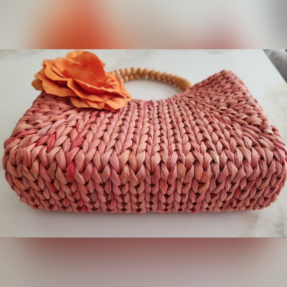 Orange Woven Summer Raffia Handbag with Gorgeous Orange Flower Accent - Picture 8 of 12
